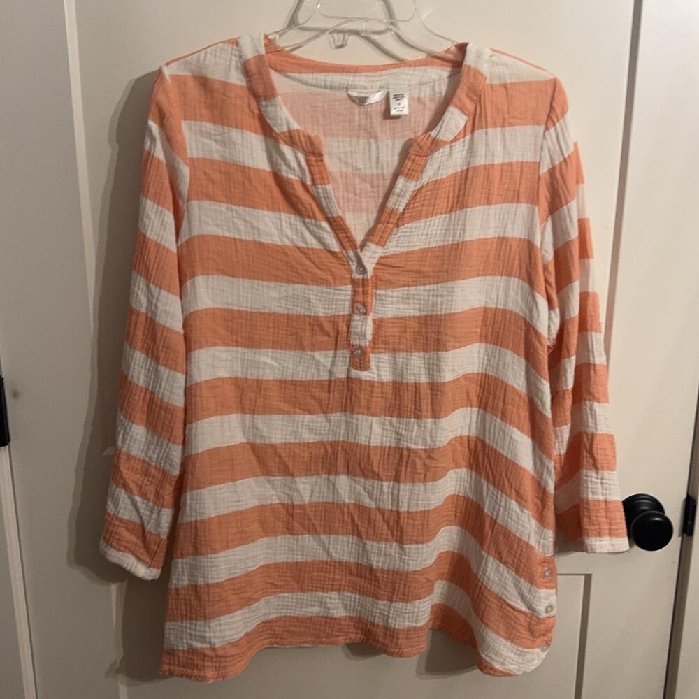 Kaktus Tunic Blouse Womens XL Orange White Stripe Cotton Gauze Roll Tab Top